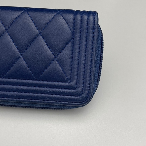 Chanel Lambskin leather Quilted Boy Zip Around Coin Purse Wallet Blue w/dust bag - Picture 10 of 16